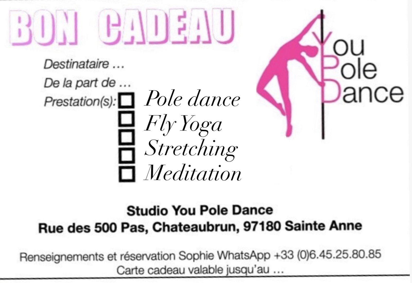Exemple de bon cadeau You Pole Dance : destinataire, offrant, prestations Pole Dance, Fly Yoga, Stretching, Méditation