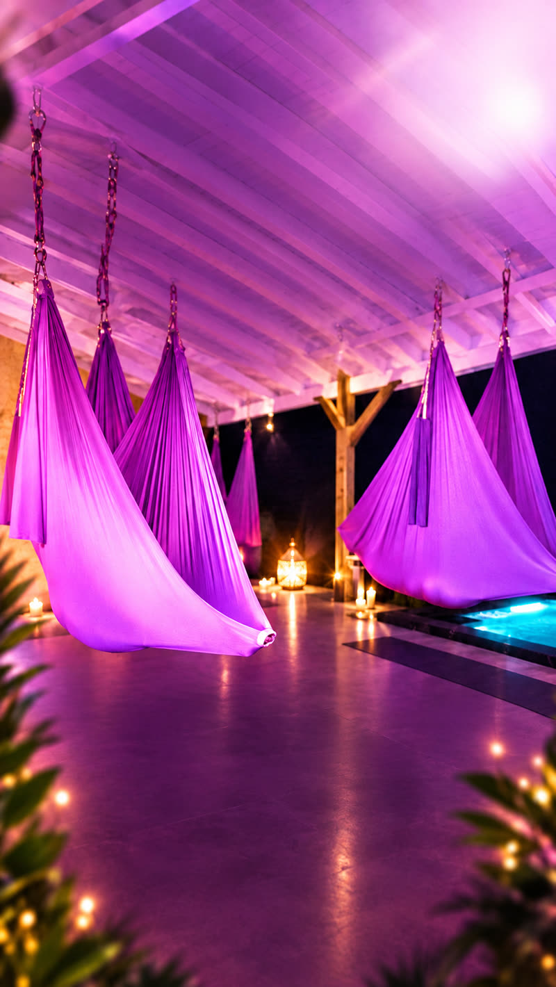 Méditation guidée dans les hamacs violets — ambiance nocturne avec bougies et piscine